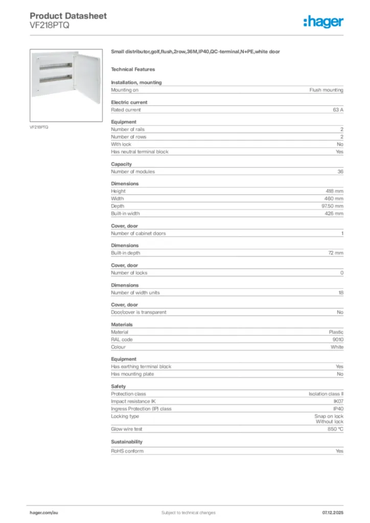 Image Hager Product data sheet VF218PTQ  | Hager Australia