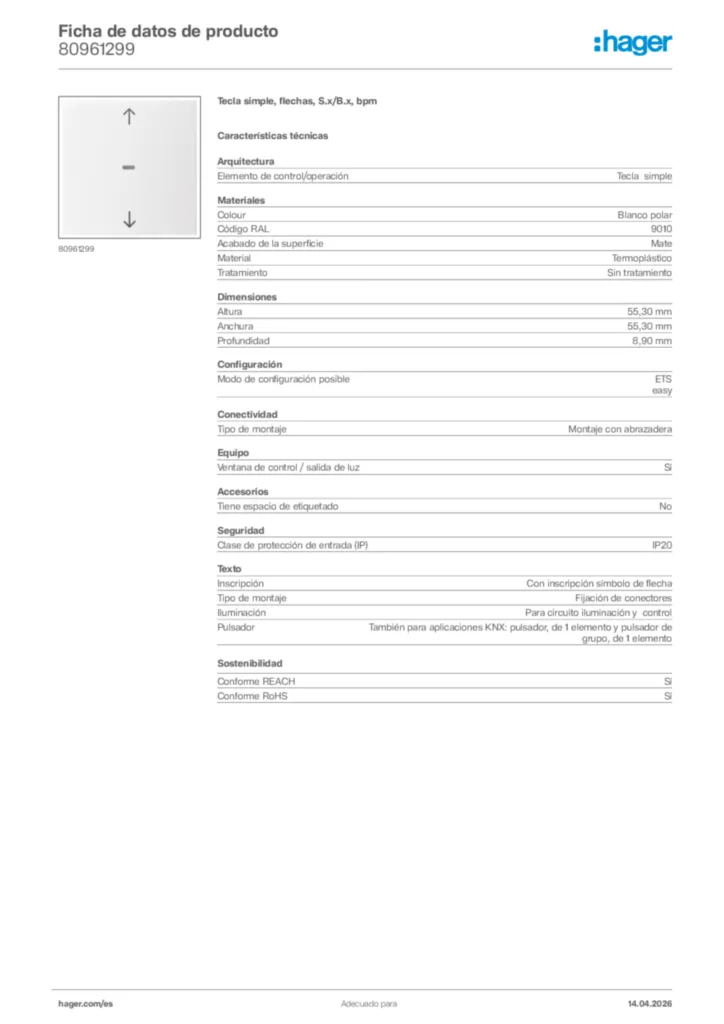 Imagen Hager Ficha de datos de producto 80961299 | Hager España