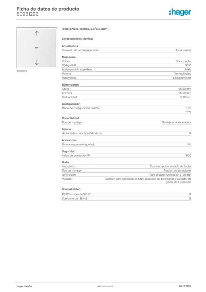 Imagen Hager Ficha de datos de producto 80961299 | Hager España