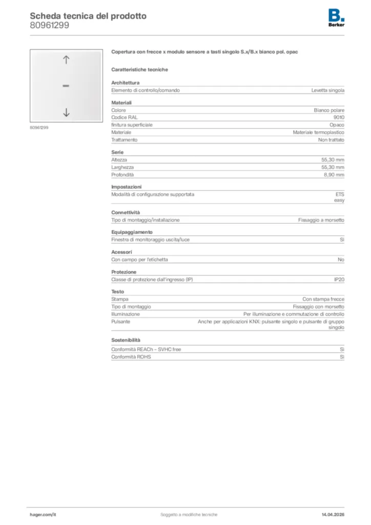 Immagine Berker Scheda tecnica del prodotto 80961299 | Hager Italia