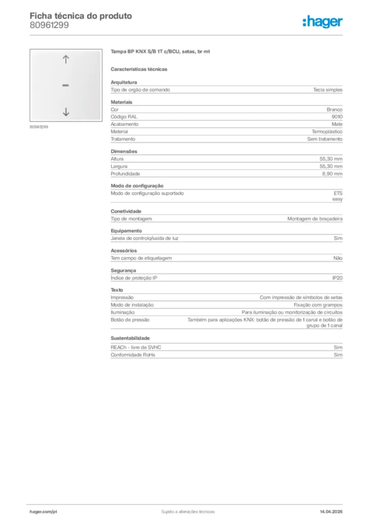 Imagem Hager Ficha técnica do produto 80961299 | Hager Portugal