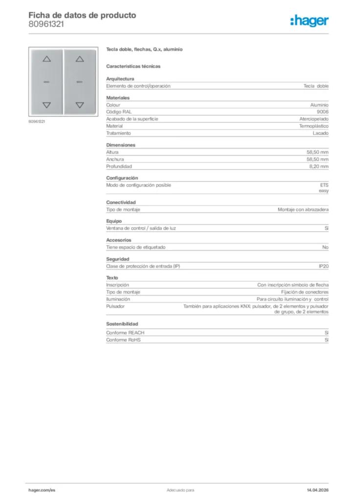 Imagen Hager Ficha de datos de producto 80961321 | Hager España