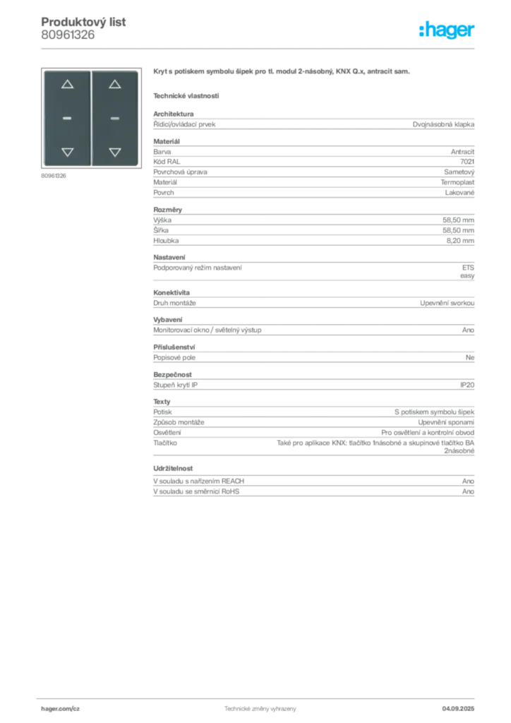 Obrázek Hager Produktový list 80961326 | Hager