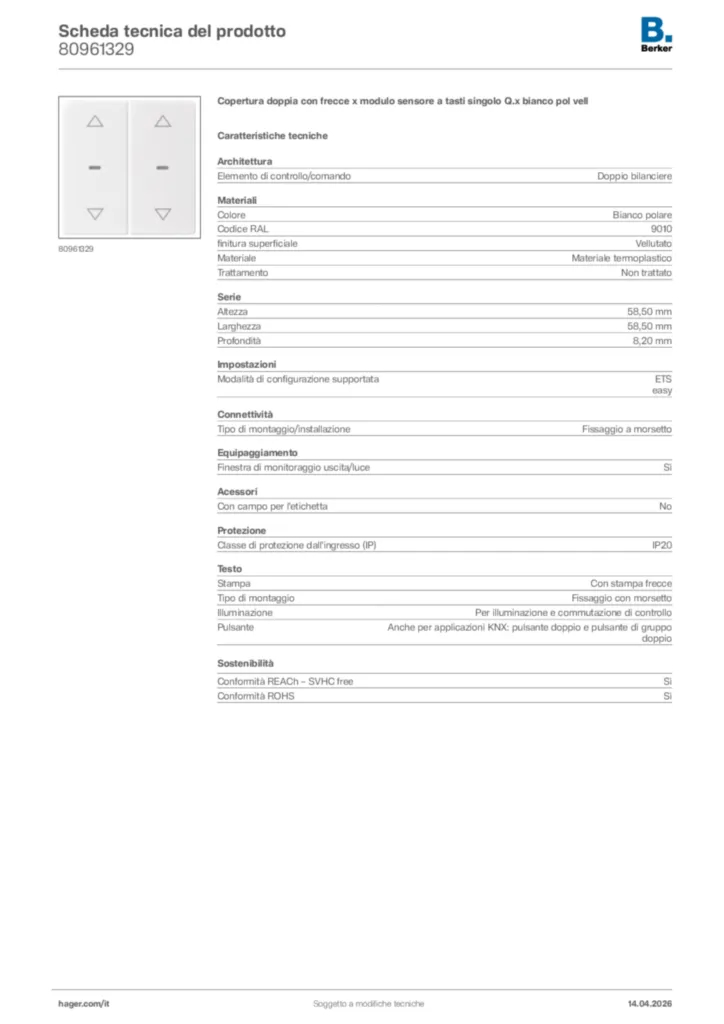 Immagine Berker Scheda tecnica del prodotto 80961329 | Hager Italia