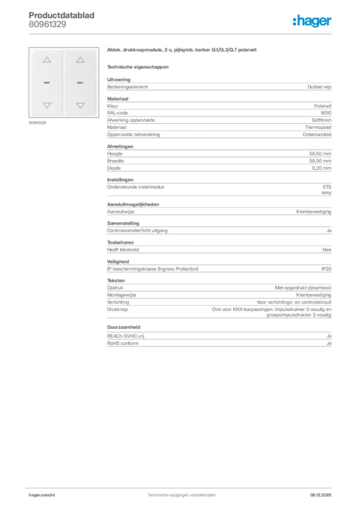 Afbeelding Hager Productdatablad 80961329 | Hager Nederland