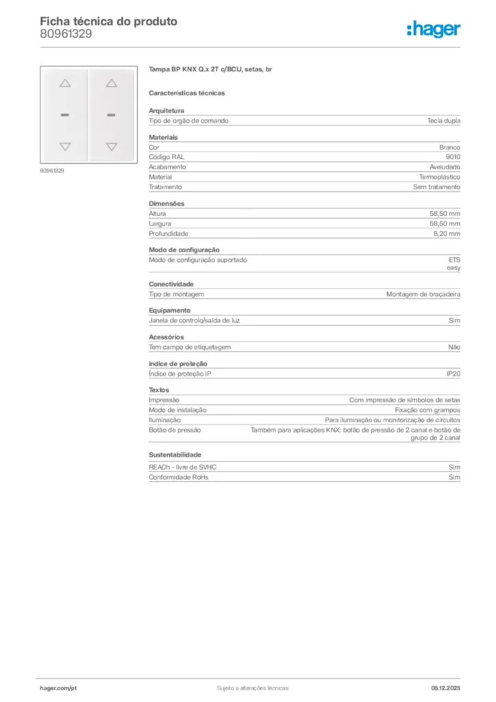 Imagem Hager Ficha técnica do produto 80961329 | Hager Portugal