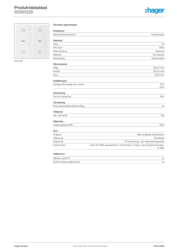 Bild Hager Produktdatablad 80961329 | Hager Sverige