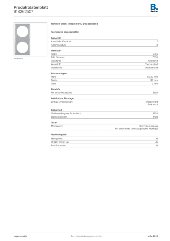 Bild Berker Produktdatenblatt 918262507 | Hager Deutschland