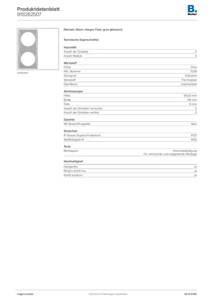 Bild Berker Produktdatenblatt 918262507 | Hager Deutschland