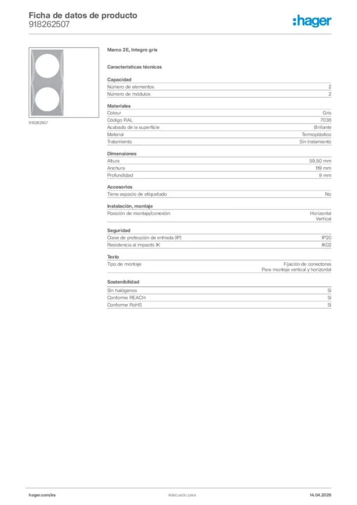 Imagen Hager Ficha de datos de producto 918262507 | Hager España