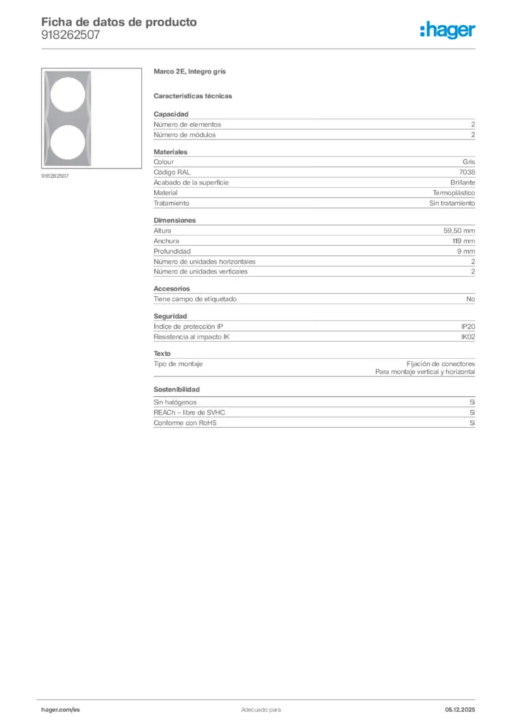 Imagen Hager Ficha de datos de producto 918262507 | Hager España