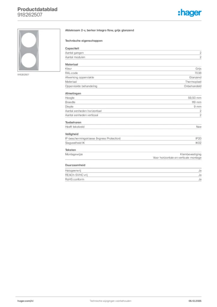 Afbeelding Hager Productdatablad 918262507 | Hager Nederland