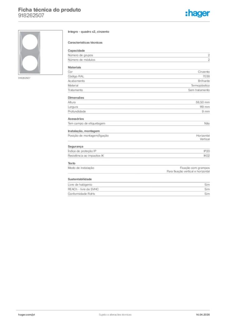 Imagem Hager Ficha técnica do produto 918262507 | Hager Portugal