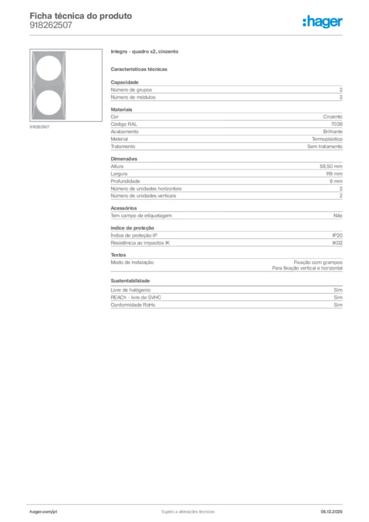 Imagem Hager Ficha técnica do produto 918262507 | Hager Portugal