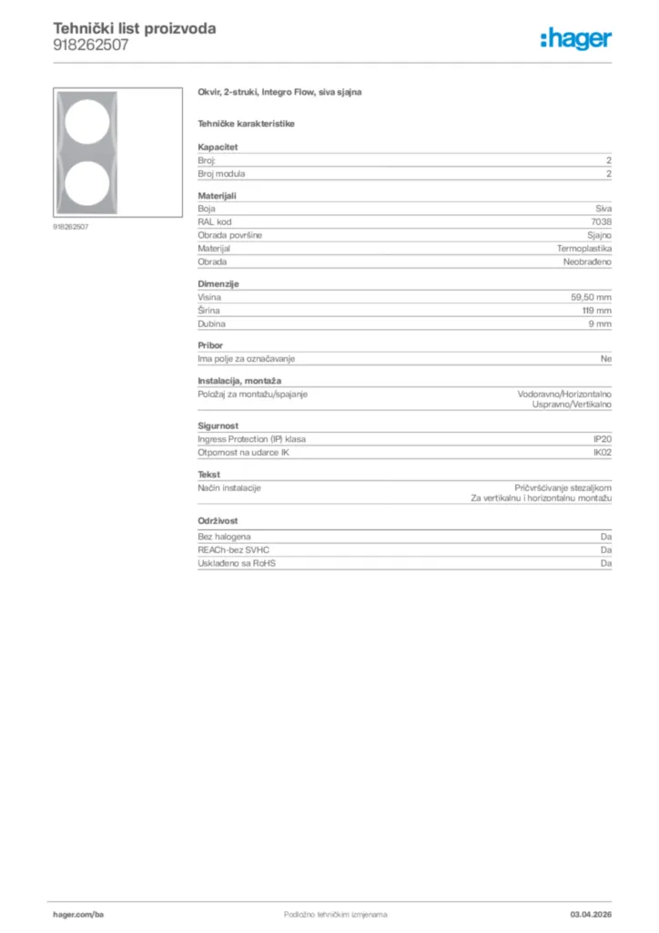 Slika Hager Tehnički list proizvoda 918262507  | Hager