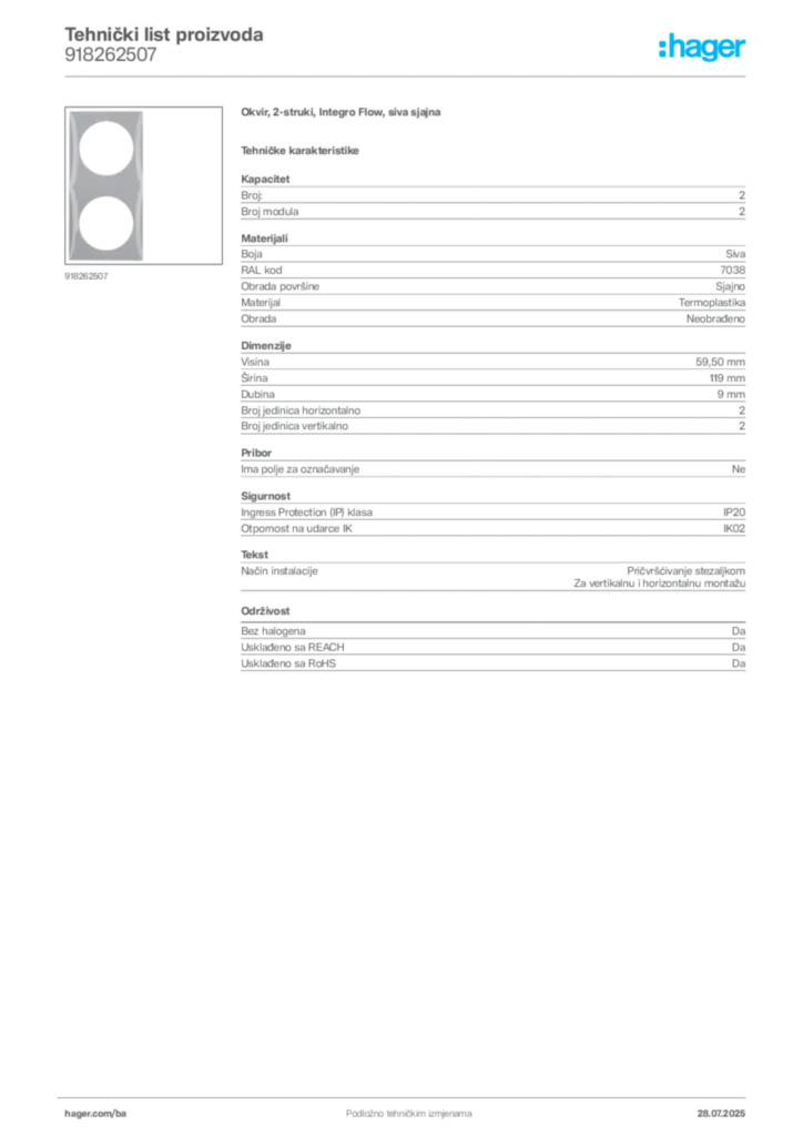 Slika Hager Product data sheet 918262507  | Hager