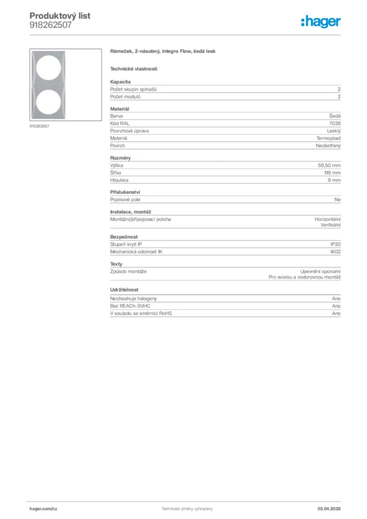 Obrázek Hager Product data sheet 918262507 | Hager