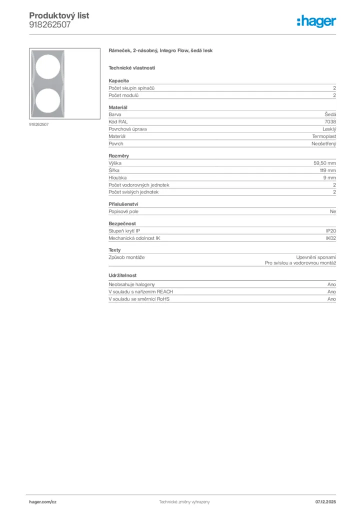 Obrázek Hager Product data sheet 918262507 | Hager
