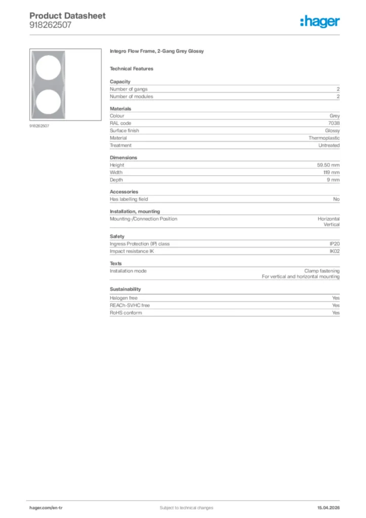 Image Hager Product data sheet 918262507  | Hager