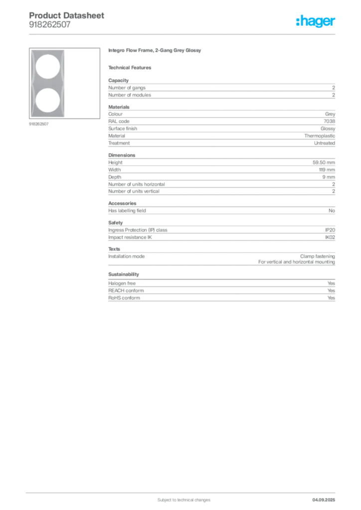 Image Hager Product data sheet 918262507  | Hager
