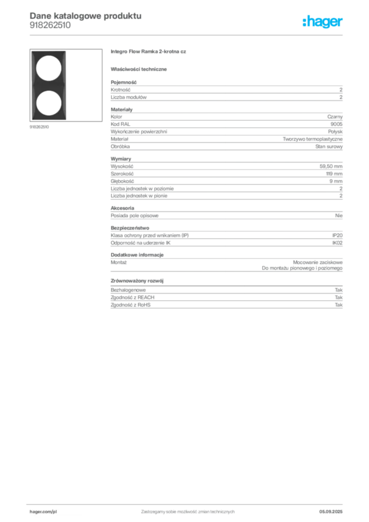 Zdjęcie Hager Dane katalogowe produktu 918262510 | Hager Polska
