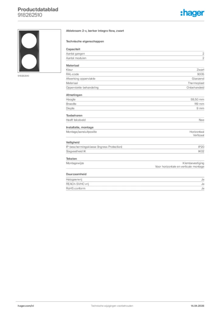 Afbeelding Hager Productdatablad 918262510 | Hager Nederland