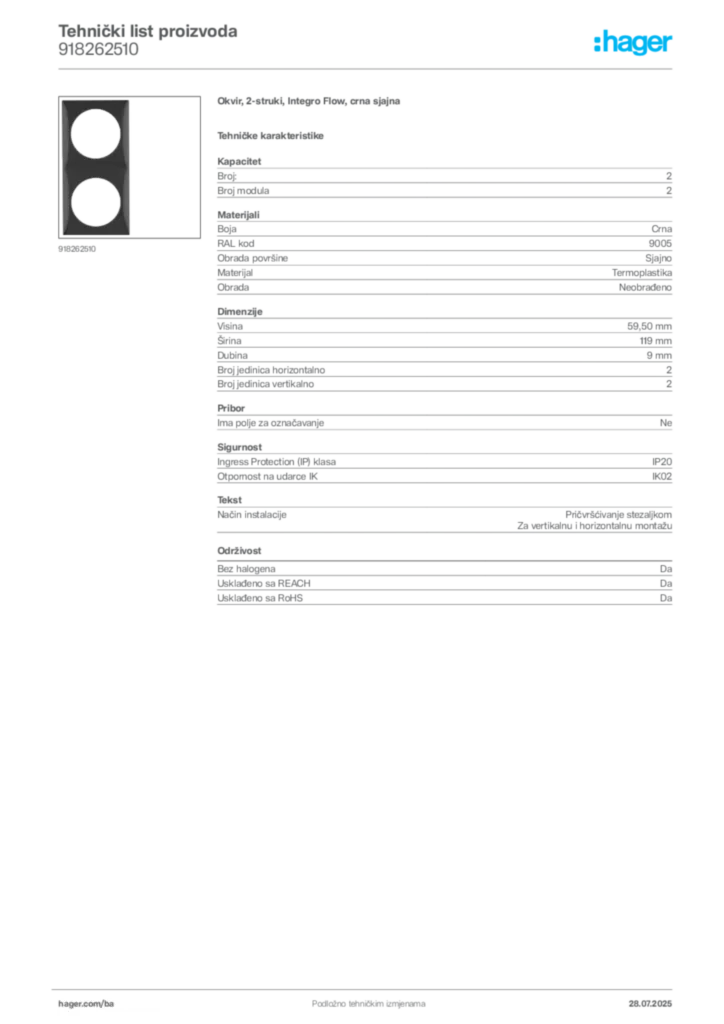 Slika Hager Product data sheet 918262510  | Hager
