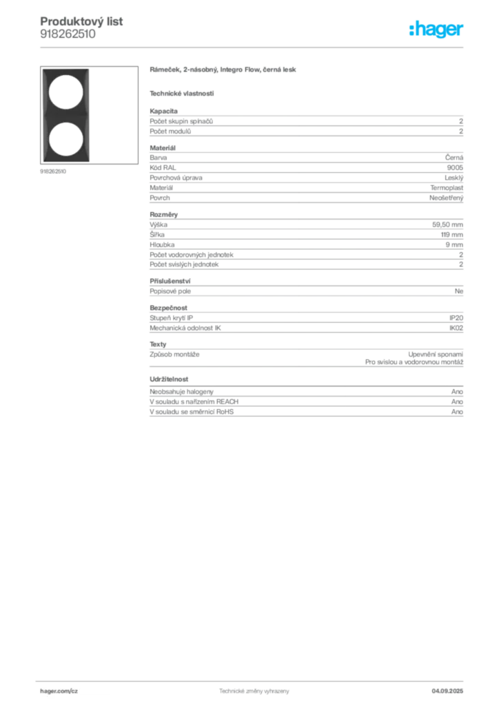 Obrázek Hager Produktový list 918262510 | Hager