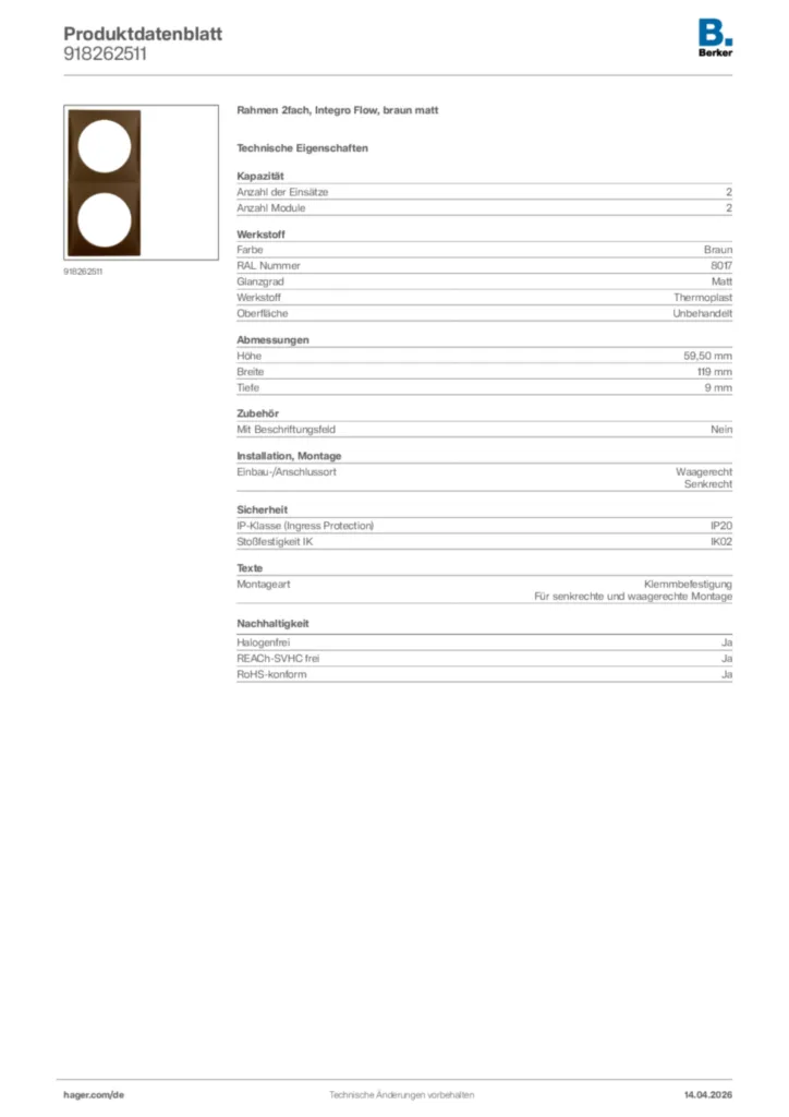 Bild Berker Produktdatenblatt 918262511 | Hager Deutschland