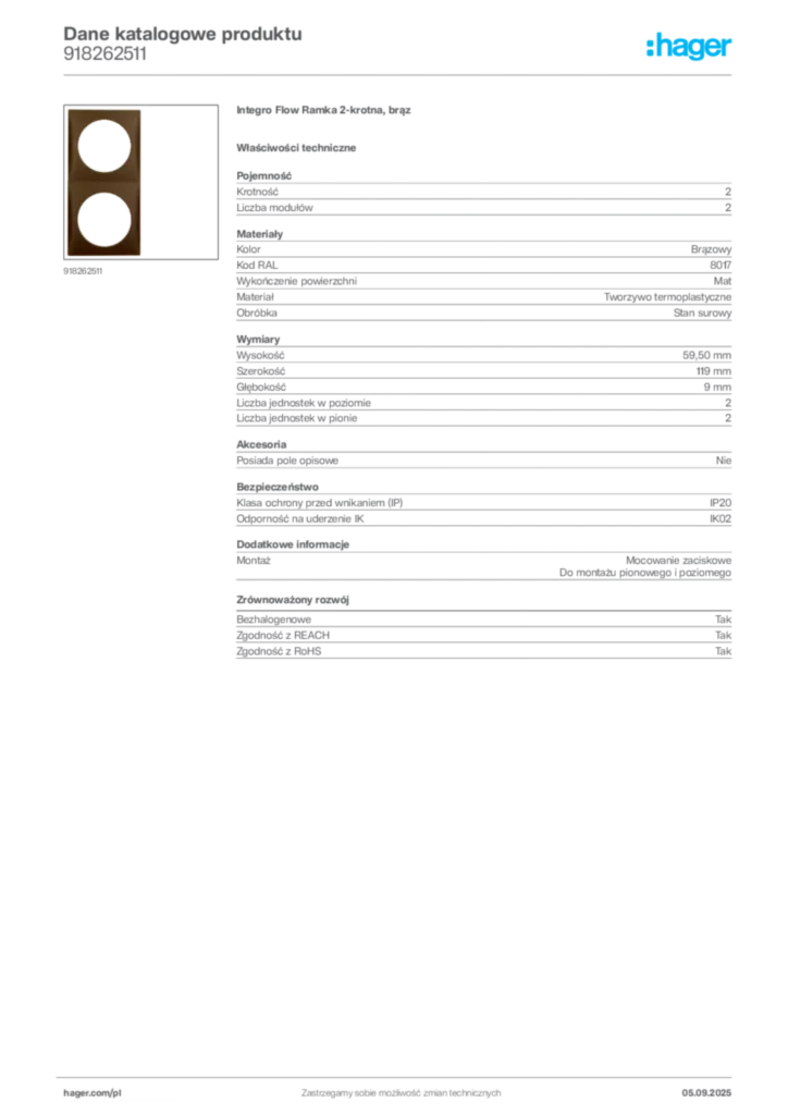 Zdjęcie Hager Dane katalogowe produktu 918262511 | Hager Polska