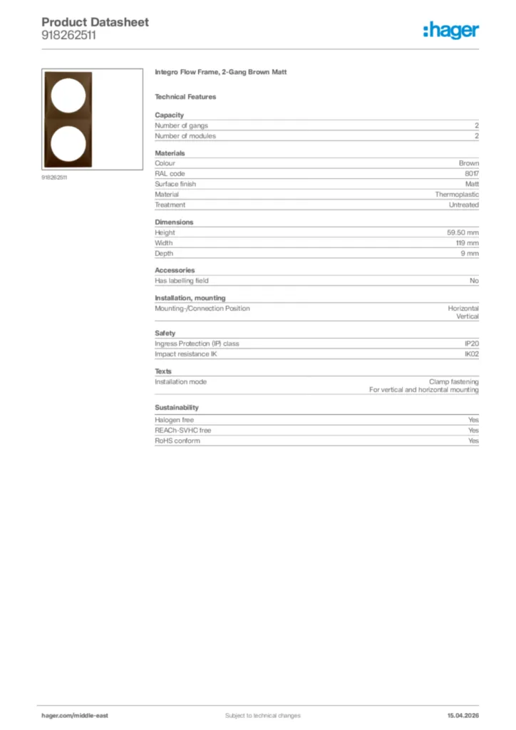 Image Hager Product data sheet 918262511  | Hager