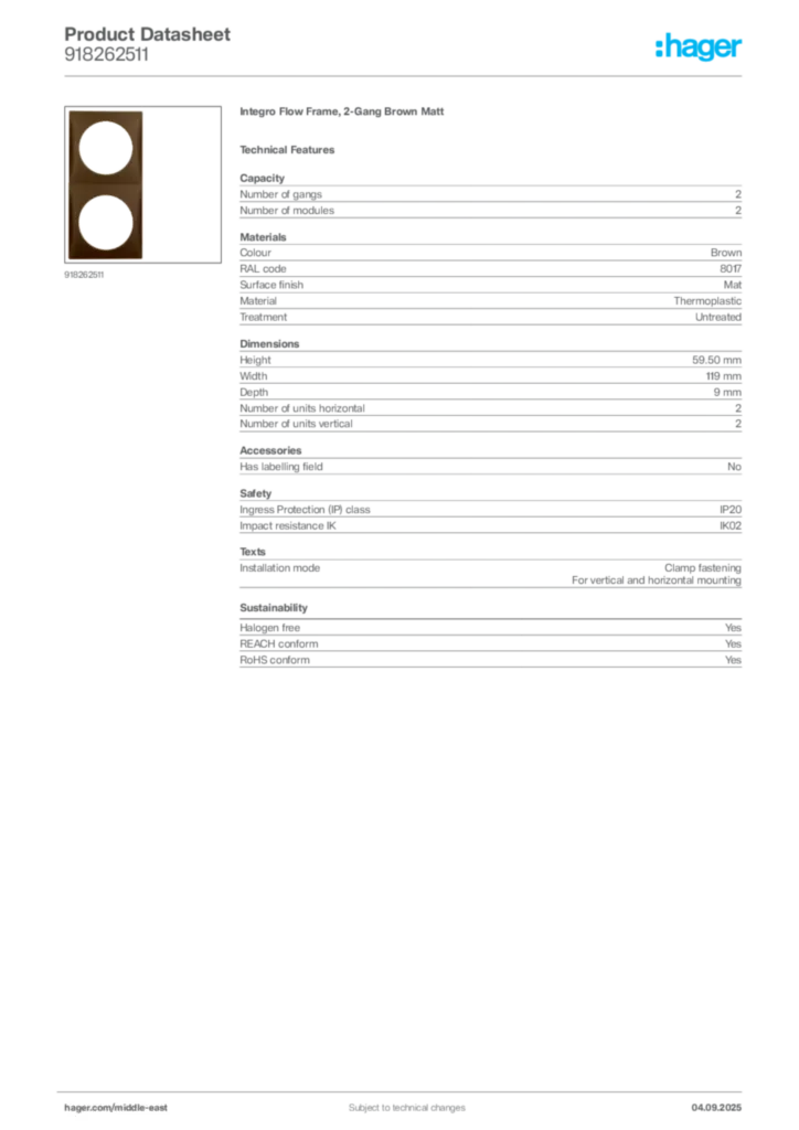 Image Hager Product data sheet 918262511  | Hager