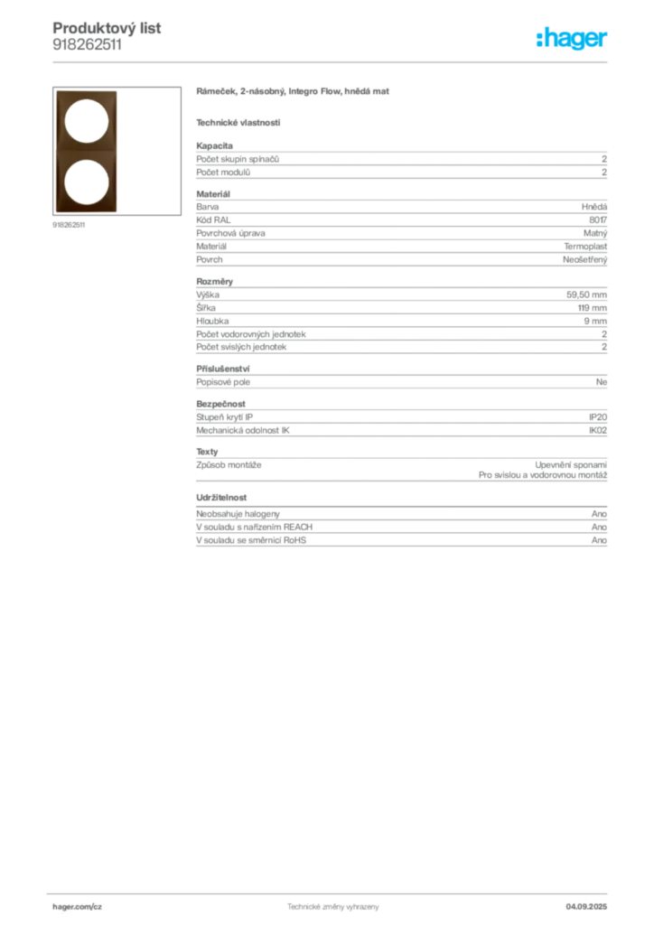 Obrázek Hager Produktový list 918262511 | Hager