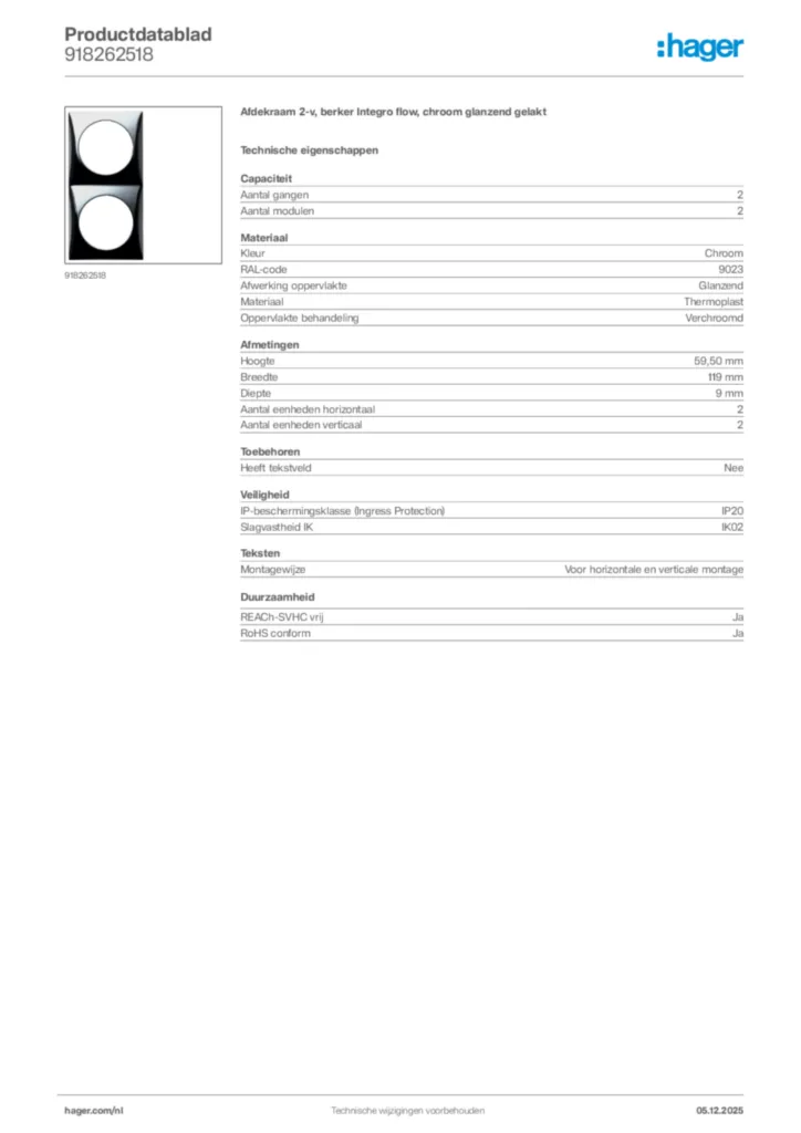 Afbeelding Hager Productdatablad 918262518 | Hager Nederland