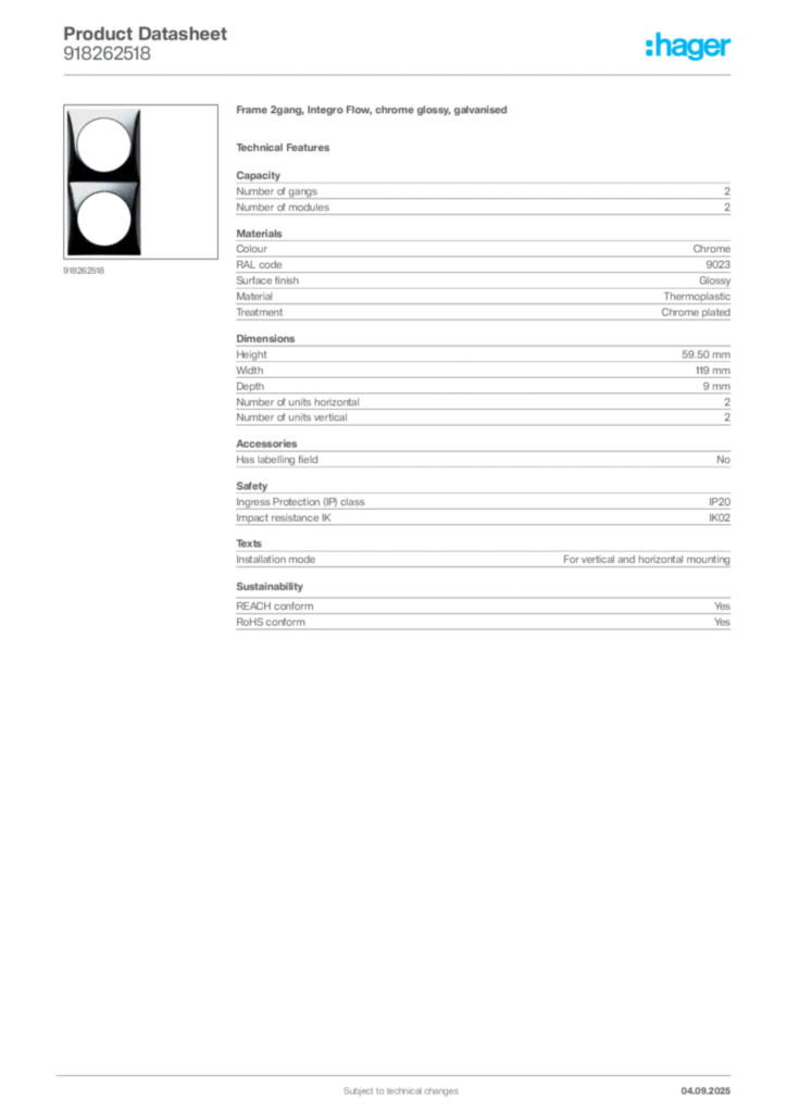 Image Hager Product data sheet 918262518  | Hager
