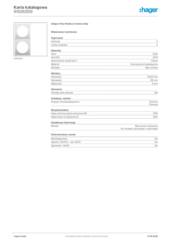 Zdjęcie Hager Karta katalogowa 918262519 | Hager Polska