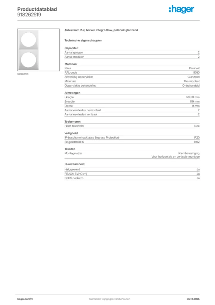 Afbeelding Hager Productdatablad 918262519 | Hager Nederland