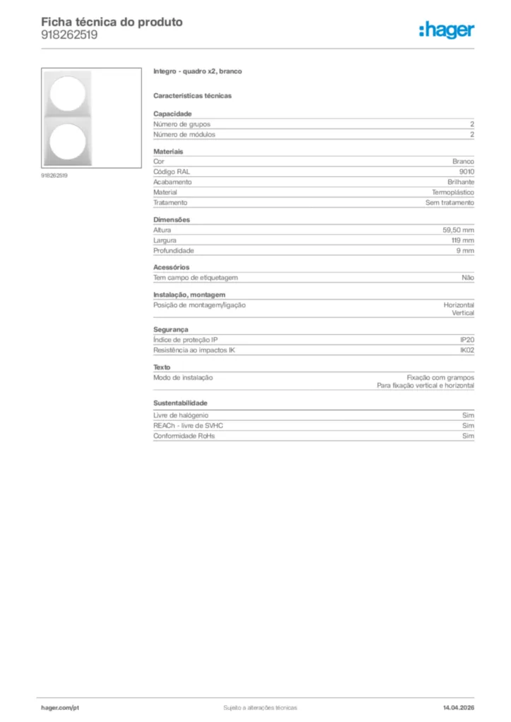 Imagem Hager Ficha técnica do produto 918262519 | Hager Portugal