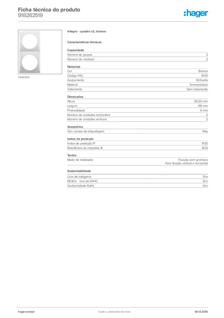 Imagem Hager Ficha técnica do produto 918262519 | Hager Portugal