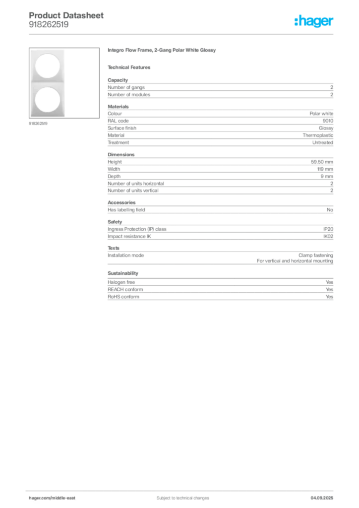 Image Hager Product data sheet 918262519  | Hager