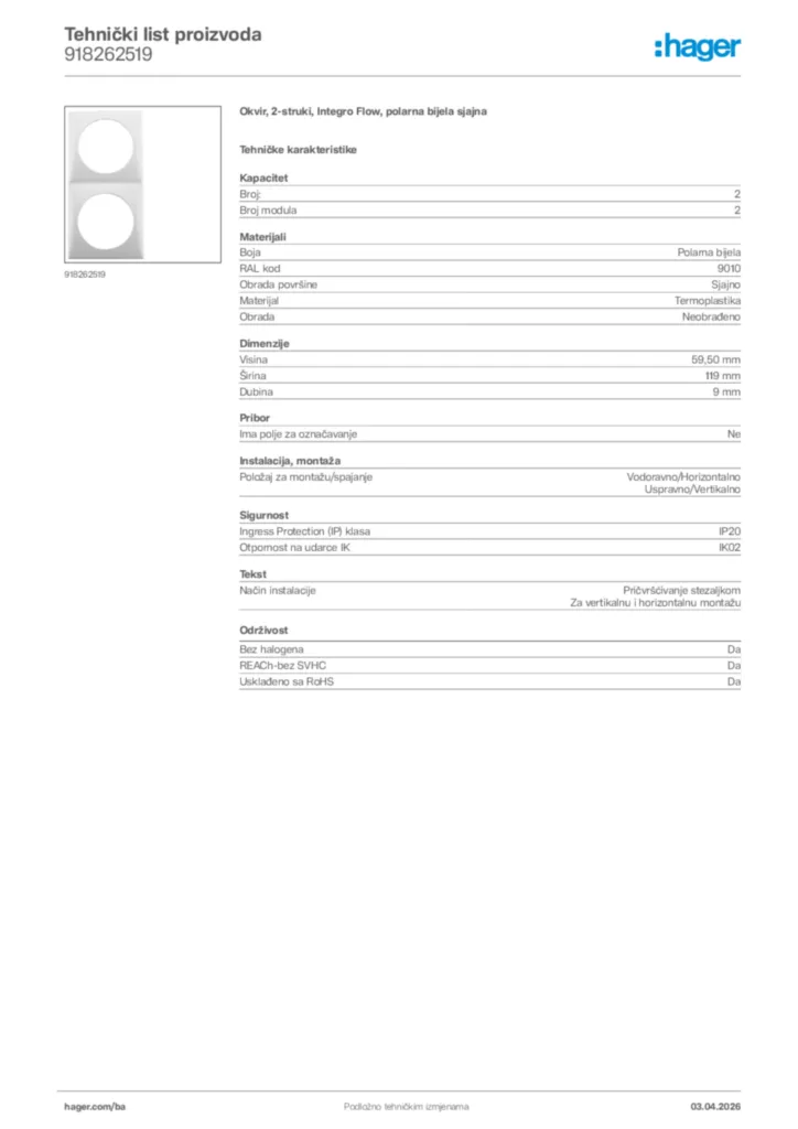 Slika Hager Tehnički list proizvoda 918262519  | Hager