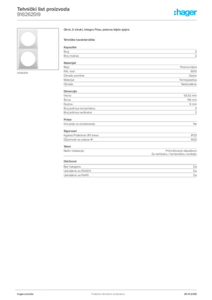 Slika Hager Product data sheet 918262519  | Hager