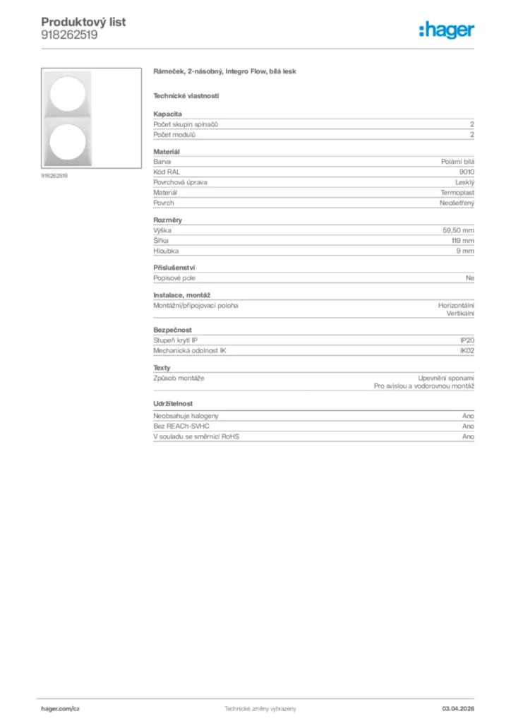 Obrázek Hager Product data sheet 918262519 | Hager