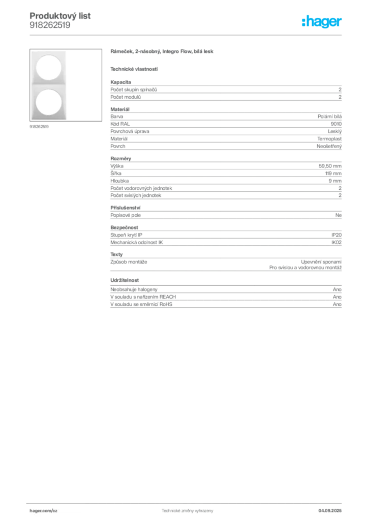 Obrázek Hager Produktový list 918262519 | Hager