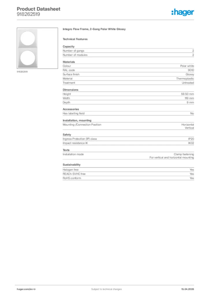 Image Hager Product data sheet 918262519  | Hager