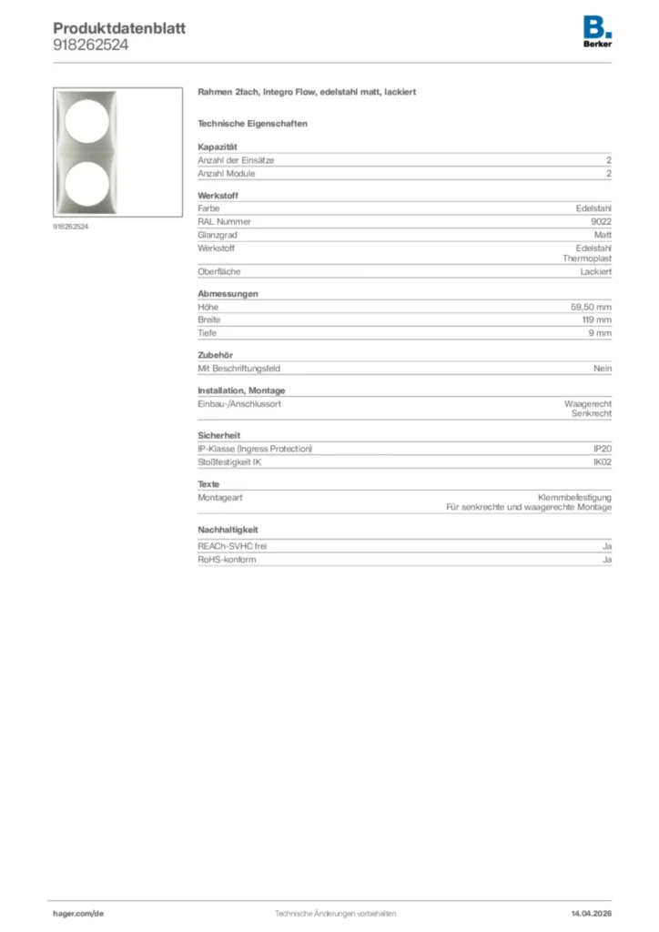 Bild Berker Produktdatenblatt 918262524 | Hager Deutschland