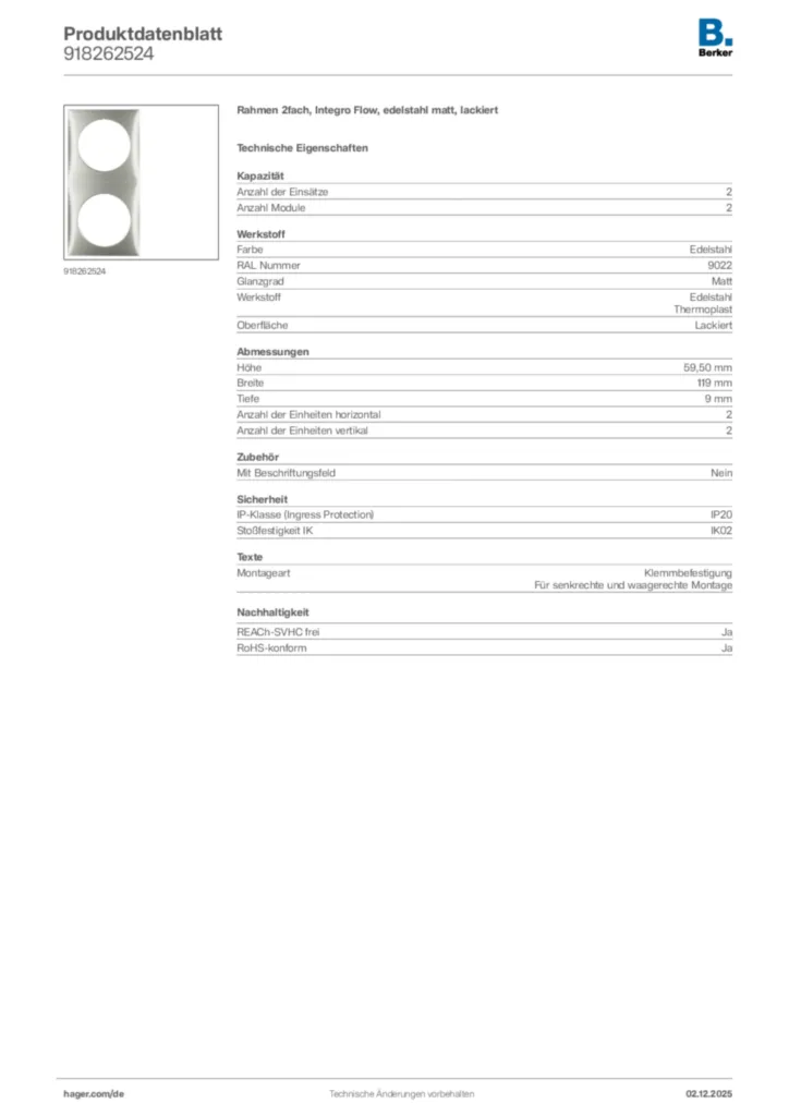 Bild Berker Produktdatenblatt 918262524 | Hager Deutschland