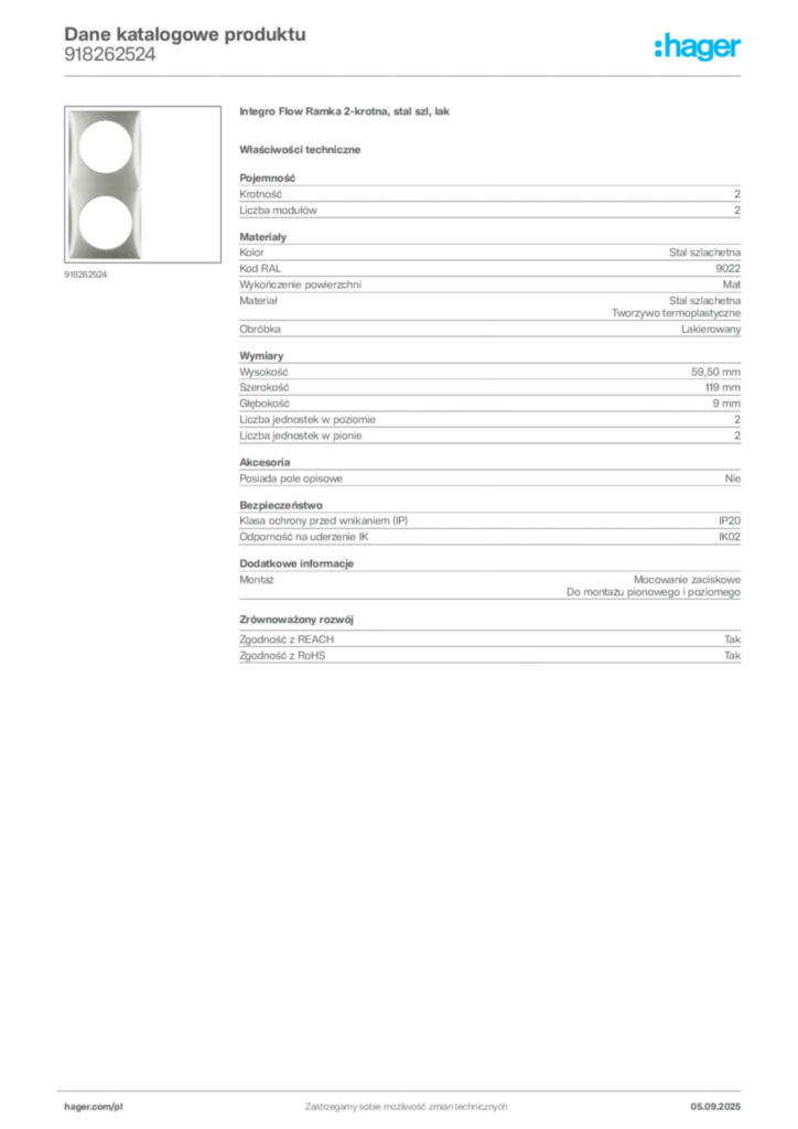 Zdjęcie Hager Dane katalogowe produktu 918262524 | Hager Polska