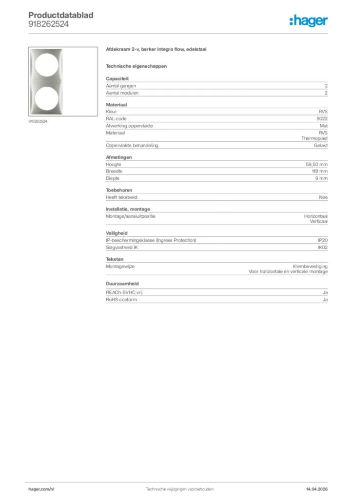 Afbeelding Hager Productdatablad 918262524 | Hager Nederland