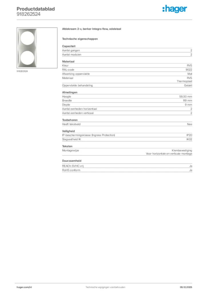 Afbeelding Hager Productdatablad 918262524 | Hager Nederland
